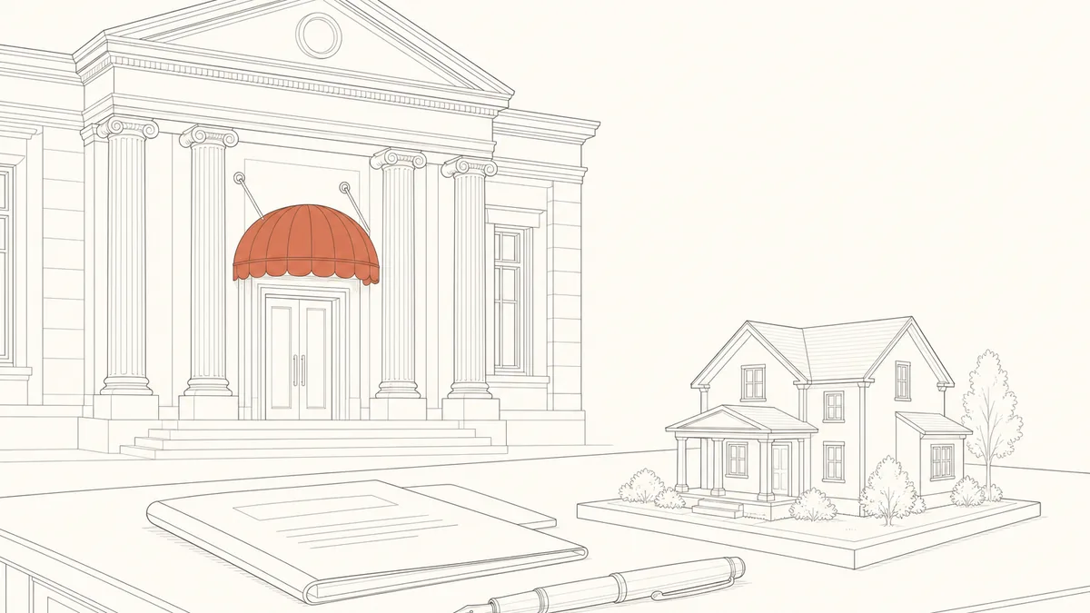 Line-art illustration of a stately columned bank building with a brick-red entrance awning, a document and pen and a small house model on a desk in the foreground