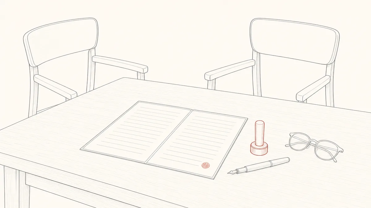 Line-art illustration of a desk before a signing: an open document with blank lines, a red hanko seal, a fountain pen and reading glasses, two chairs facing across the desk