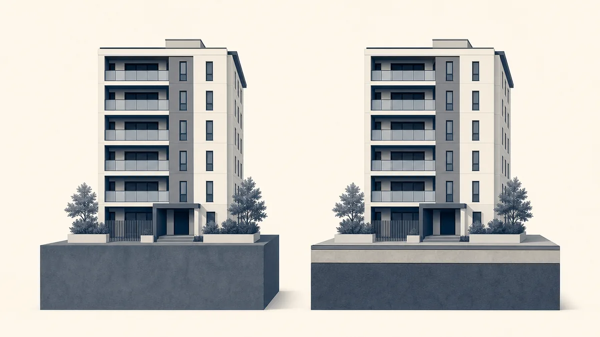 Illustration contrasting two near-identical Tokyo apartment buildings — one standing on land the owner holds outright, the other on land marked as leased from a separate landowner.