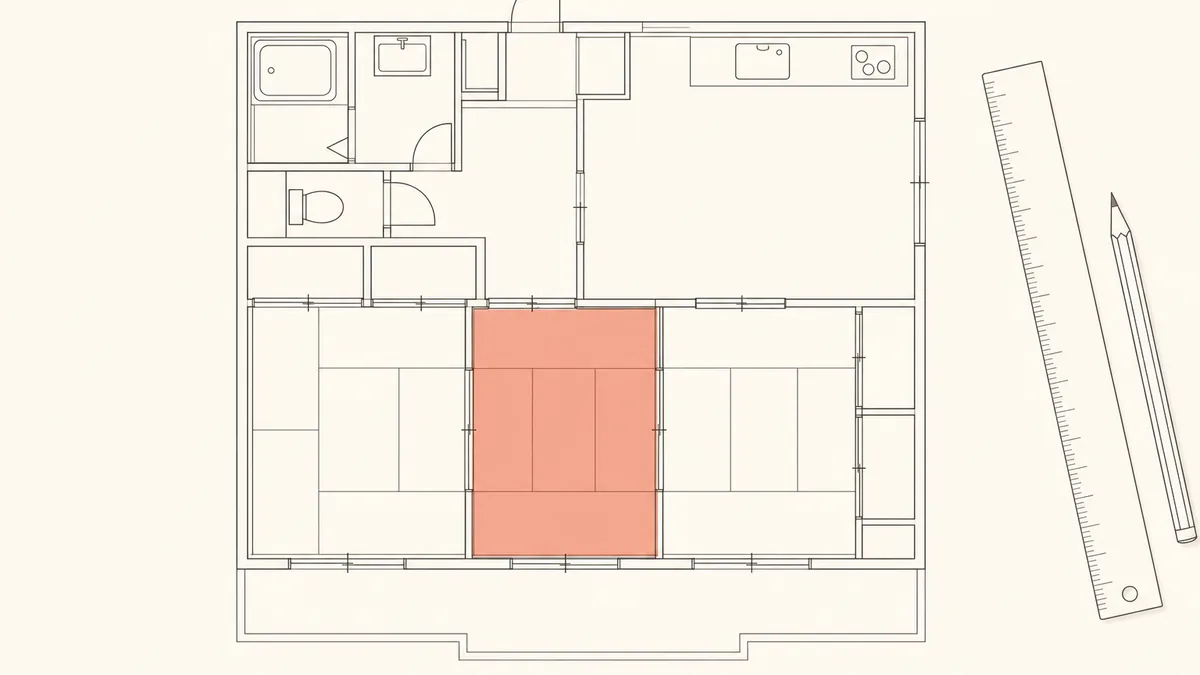 Line-art illustration of a Japanese apartment floor plan drawn top-down, rooms as outlined shapes with one room tinted brick-red, a ruler and pencil beside it