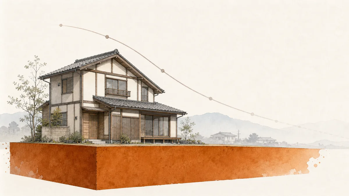 A line-and-watercolor illustration of a modest Japanese wood-frame house with a thin value curve sloping downward from its roofline into pale ink, while the ground beneath the house stays solid and richly colored.